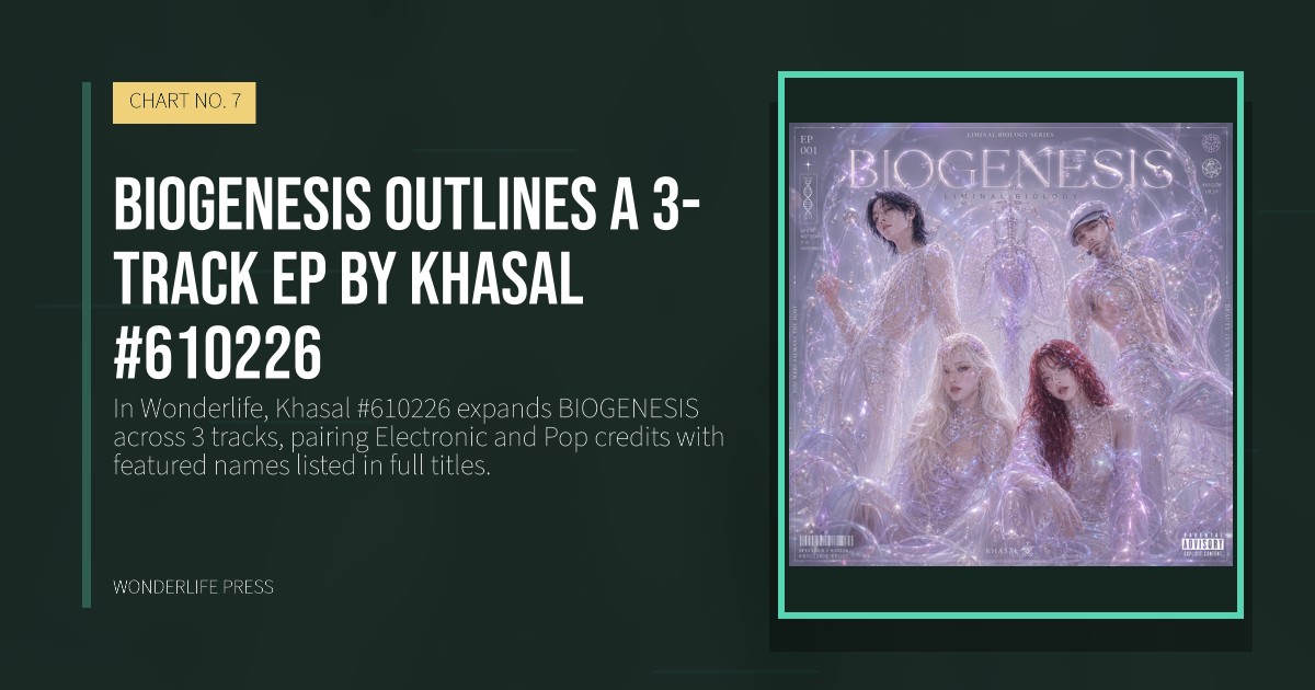 Wonderlife Press: BIOGENESIS outlines a 3-track EP by Khasal #610226. release artwork. CHART NO. 7.