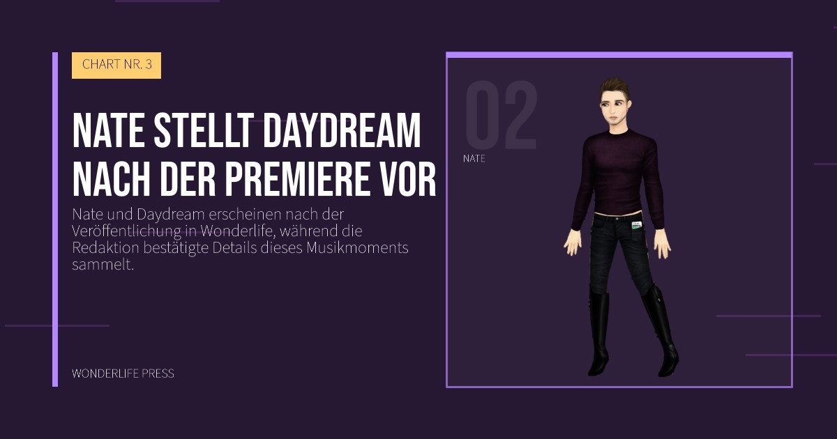 Wonderlife Press: Nate stellt Daydream nach der Premiere vor. Künstlerporträt. CHART NR. 3.