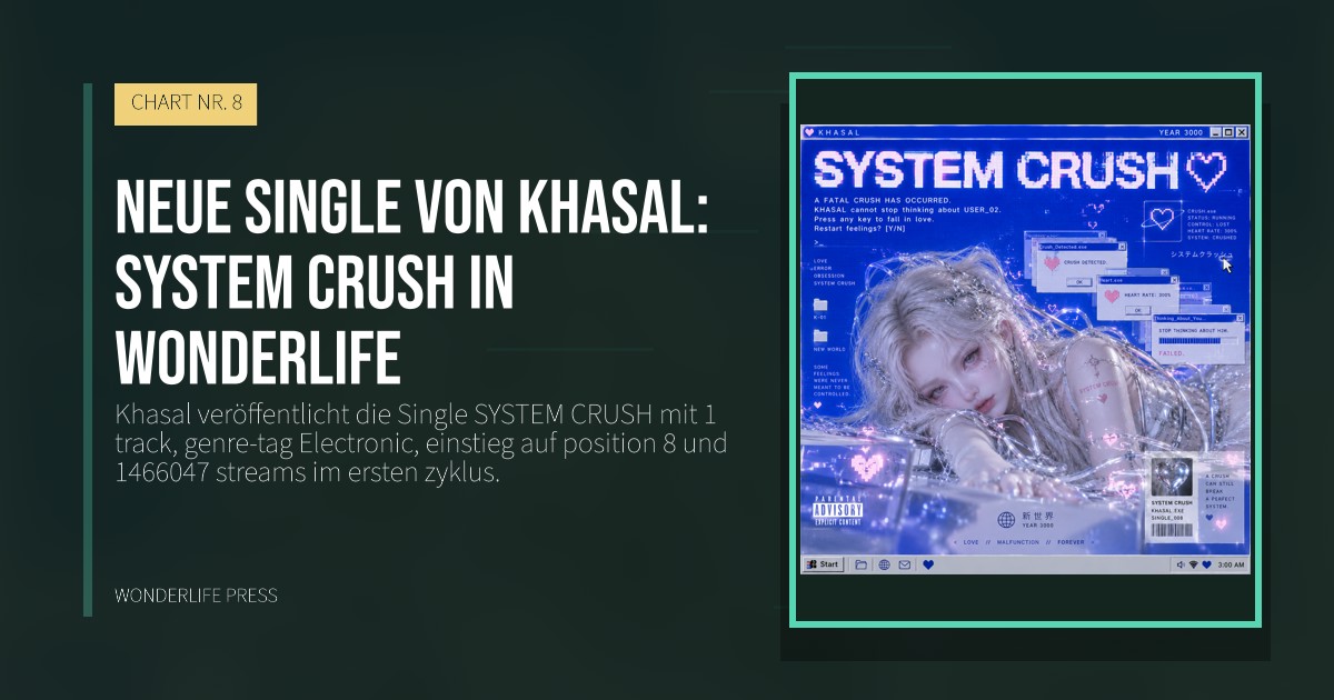Wonderlife Press: Neue Single von Khasal: SYSTEM CRUSH in Wonderlife. Veröffentlichungscover. CHART NR. 8.