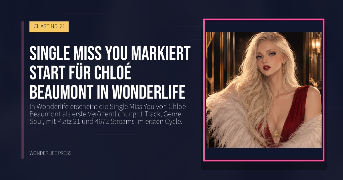 Wonderlife Press: Single Miss You markiert start für Chloé Beaumont in Wonderlife. Veröffentlichungscover. CHART NR. 21.