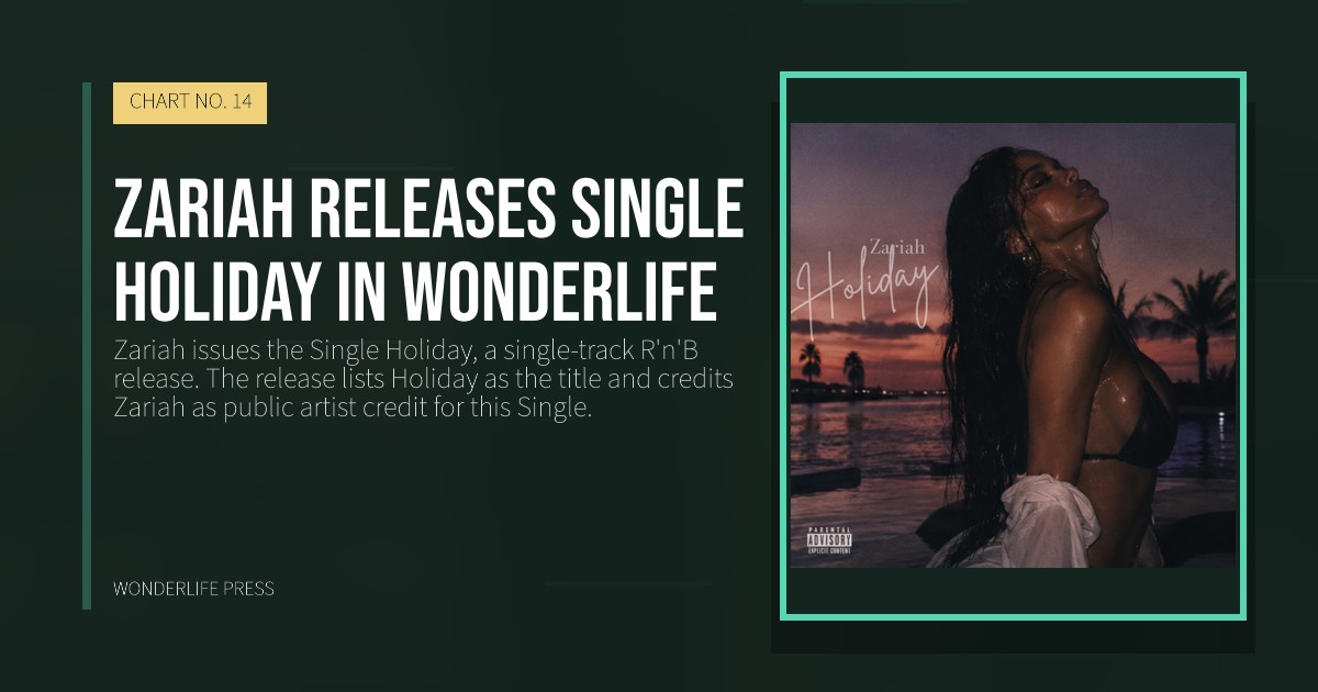 Wonderlife Press: Zariah releases single Holiday in Wonderlife. release artwork. CHART NO. 14.