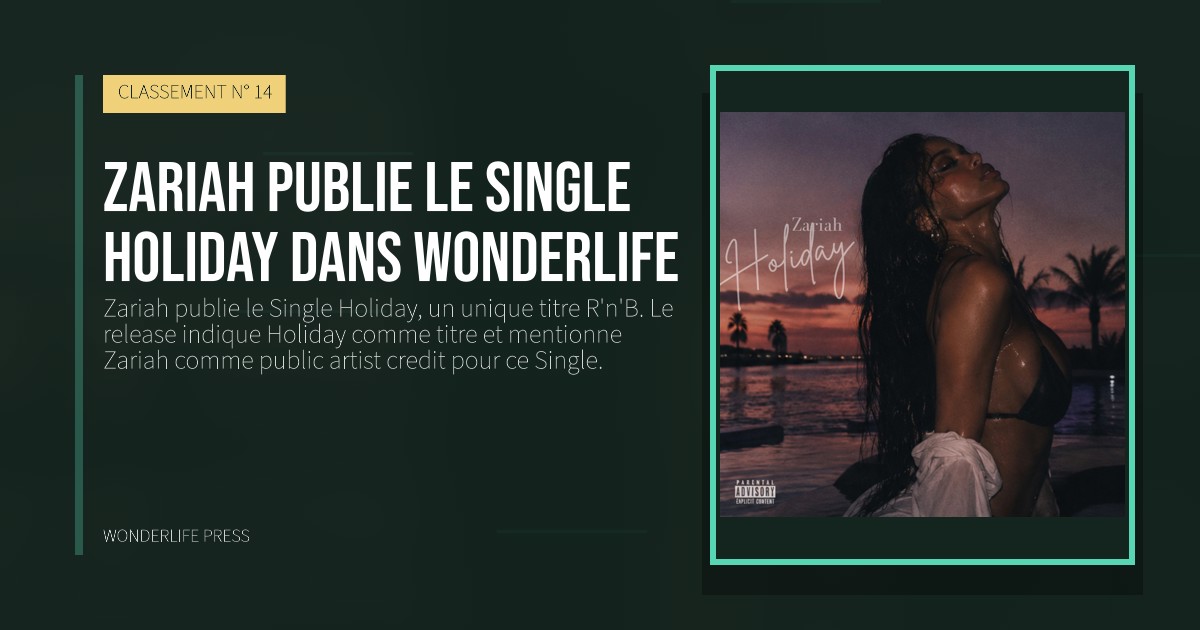 Wonderlife Press: Zariah publie le Single Holiday dans Wonderlife. pochette de la sortie. CLASSEMENT N° 14.
