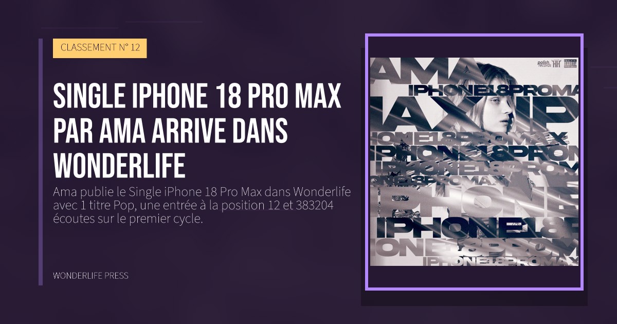 Wonderlife Press: Single iPhone 18 Pro Max par Ama arrive dans Wonderlife. pochette de la sortie. CLASSEMENT N° 12.