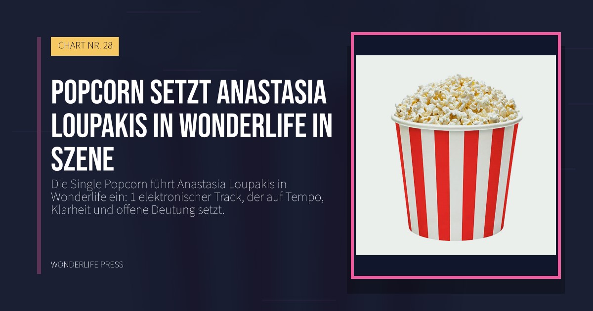 Wonderlife Press: Popcorn setzt Anastasia Loupakis in Wonderlife in Szene. Veröffentlichungscover. CHART NR. 28.