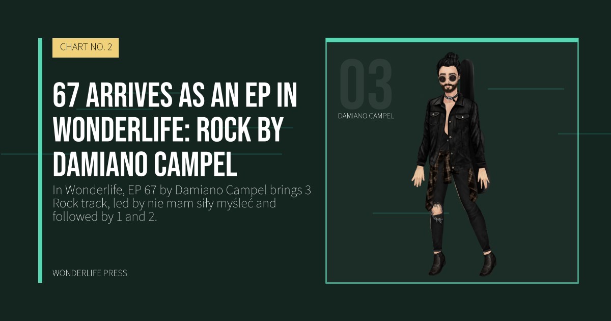 Wonderlife Press: 67 arrives as an EP in Wonderlife: Rock by Damiano Campel. artist portrait. CHART NO. 2.