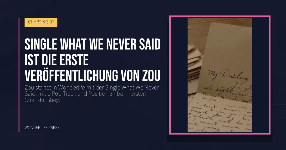 Wonderlife Press: Single What We Never Said ist die erste Veröffentlichung von Zou. Veröffentlichungscover. CHART NR. 37.