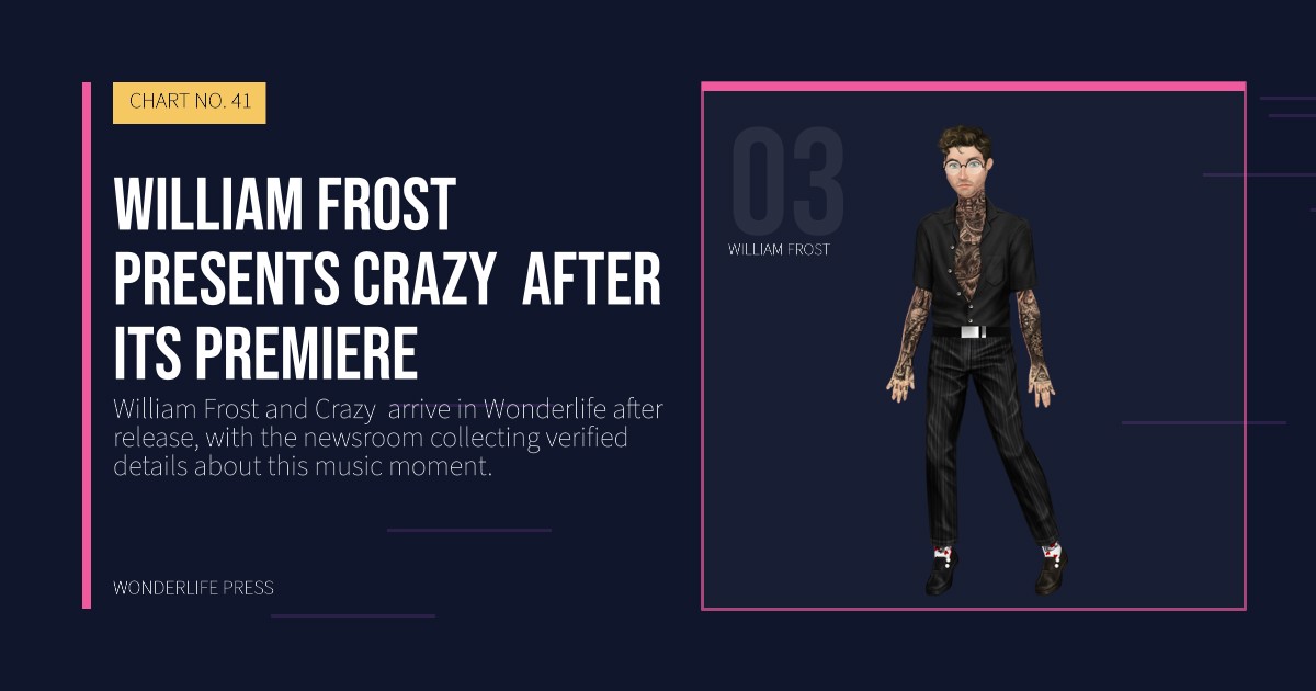Wonderlife Press: William Frost presents Crazy  after its premiere. artist portrait. CHART NO. 41.